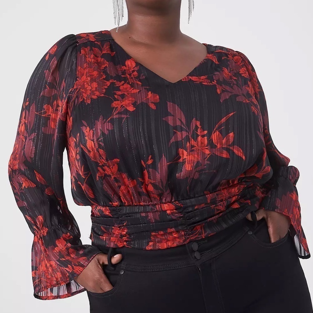 Lane Bryant Floral Metallic Threading Top Black Red Smocked Waist V-Neck NWT